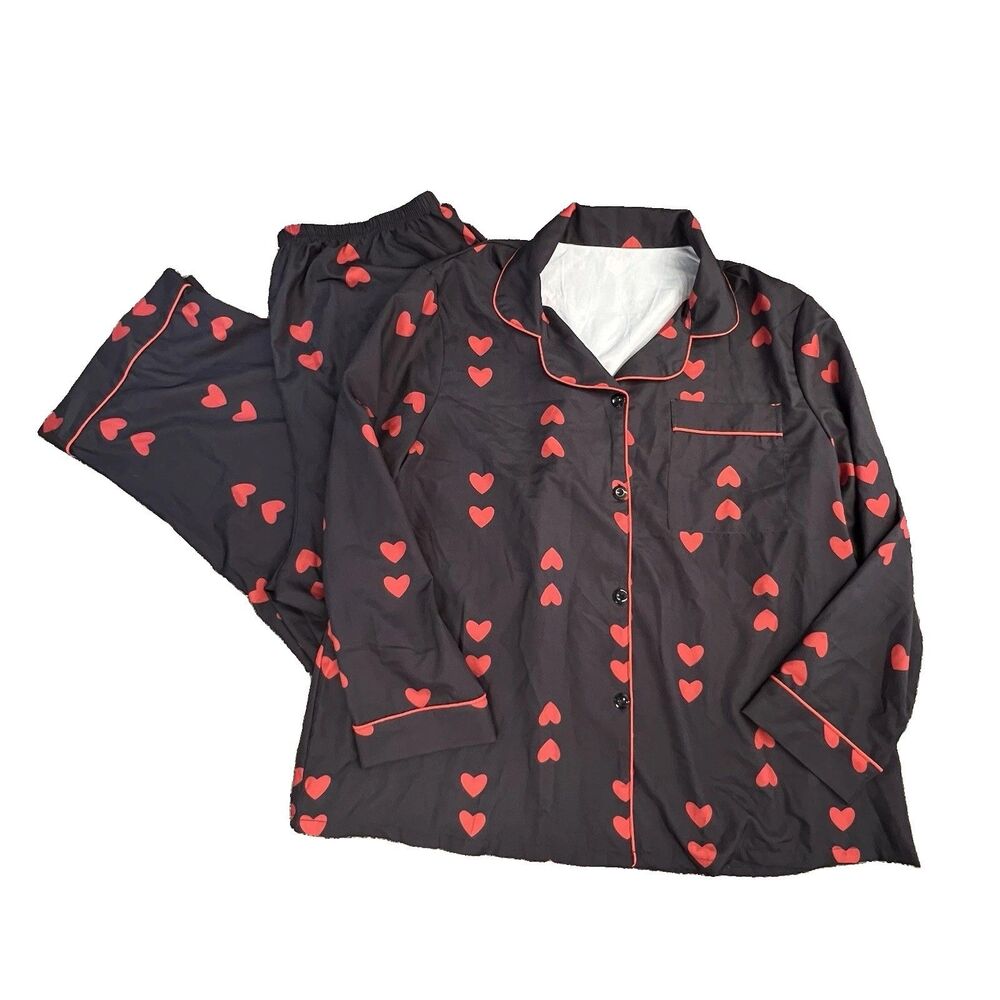 WOMENS PJ PAJAMA SET 2XL BLACK WITH RED HEARTS LOVE PRINT SATIN SOFT FEMININE